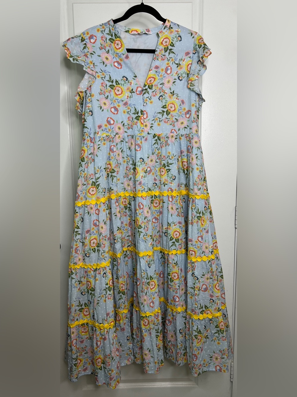 Crosby by Mollie Burch Cotton Maxi Dress L Blue Yellow Pink Detached Tie Belt